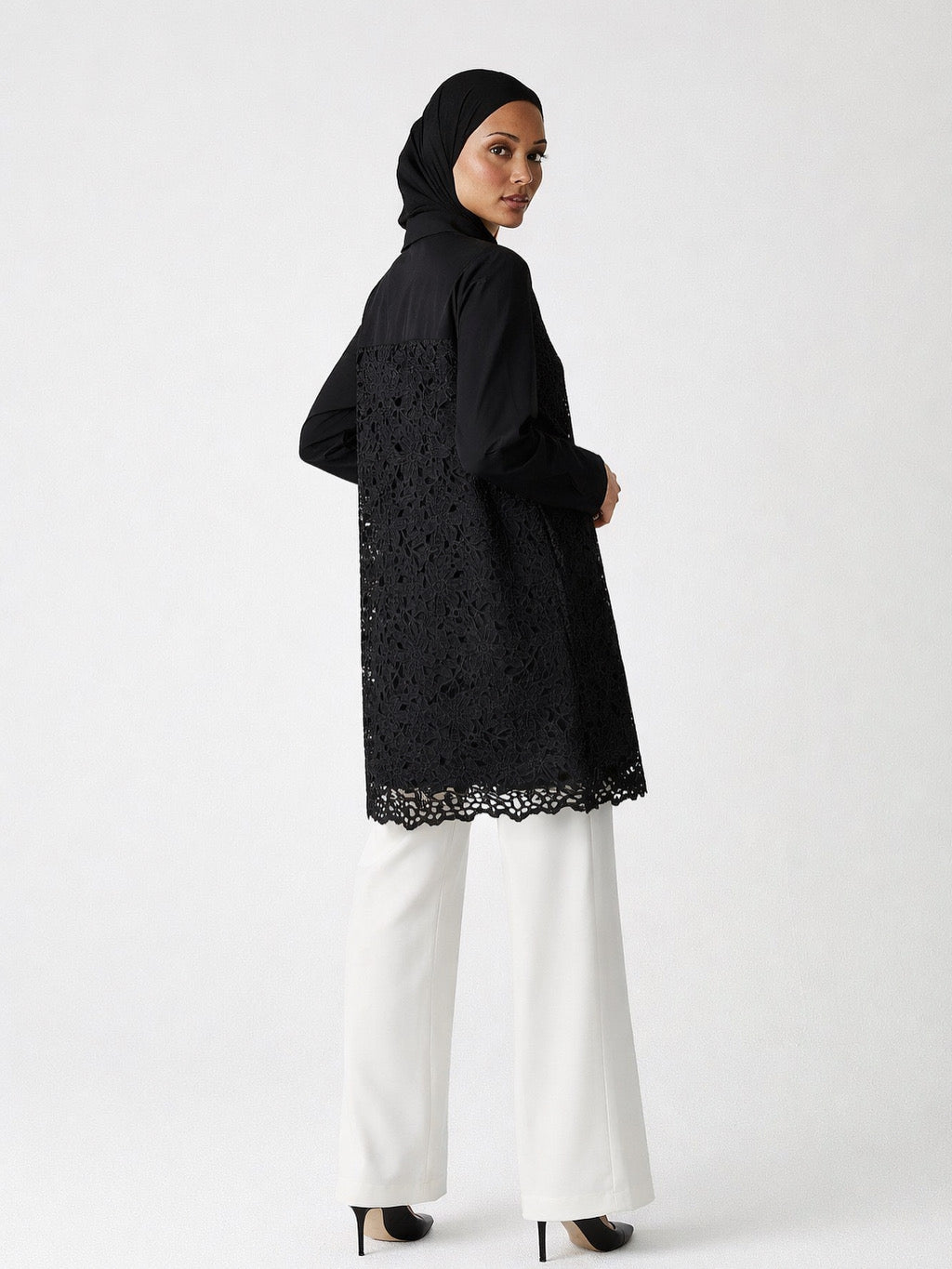 Black Cutwork Crochet Shirt (Front Open)
