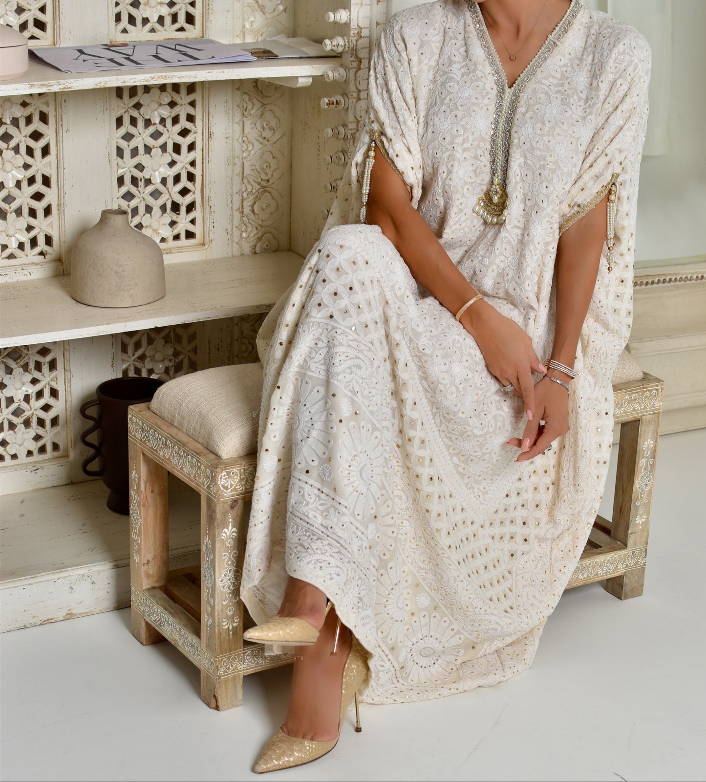 White Chikankari Kaftan