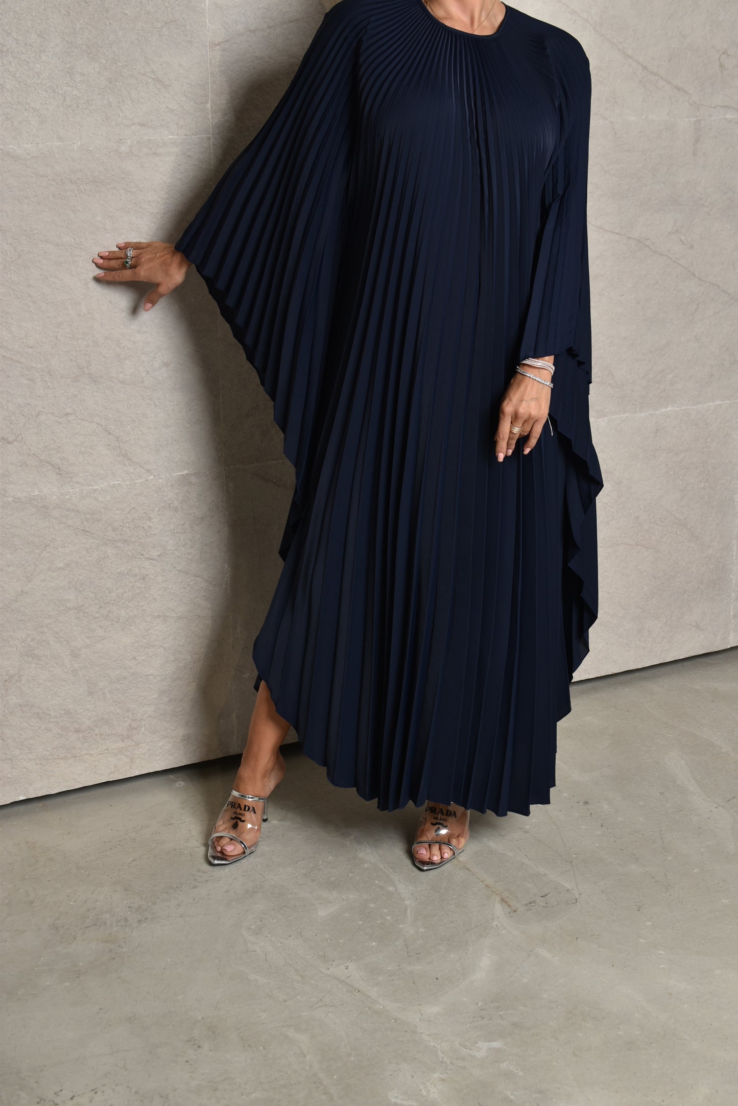 Pleated Blue Kaftan In Satin Silk