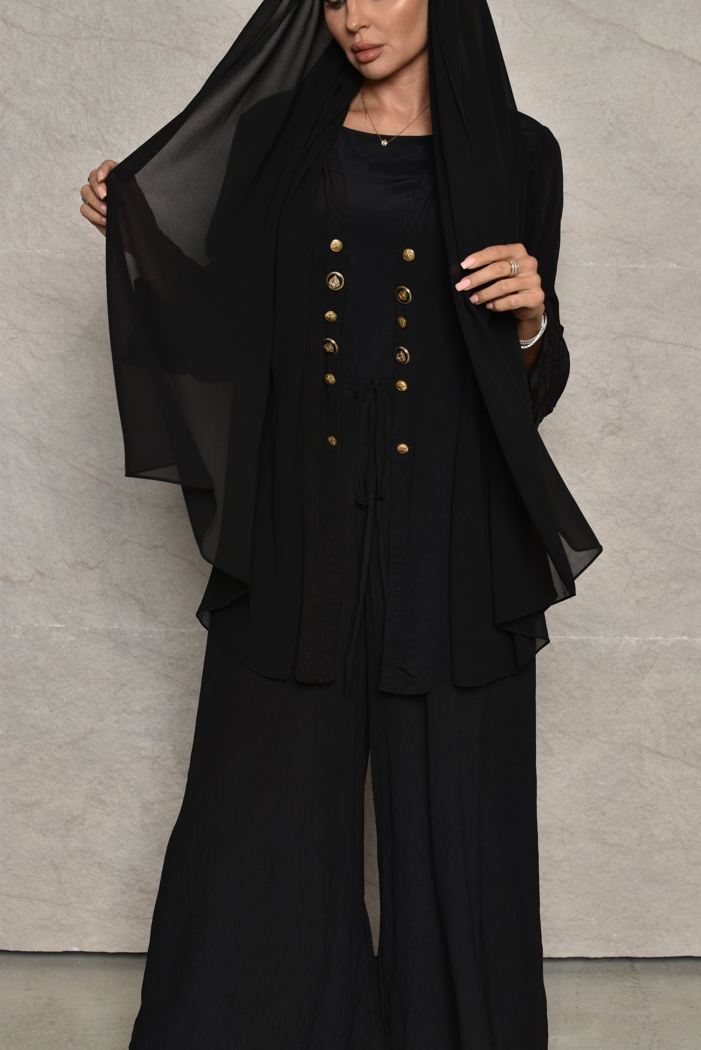 Silk Jumpsuit With Cape -BLACK