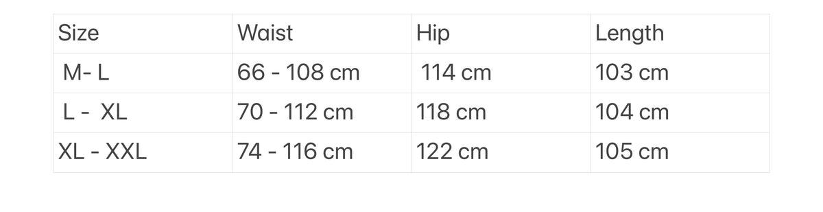 Size chart for pants