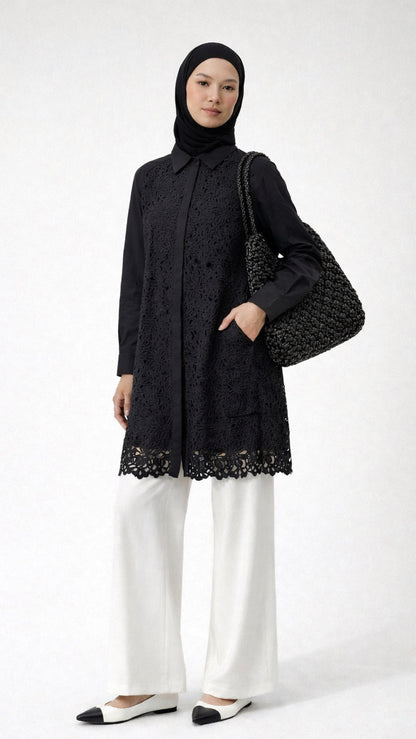 Black Cutwork Crochet Shirt (Front Open)