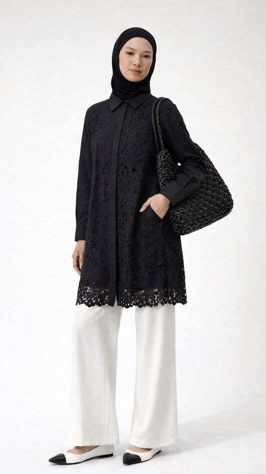 Black Cutwork Crochet Shirt (Front Open)