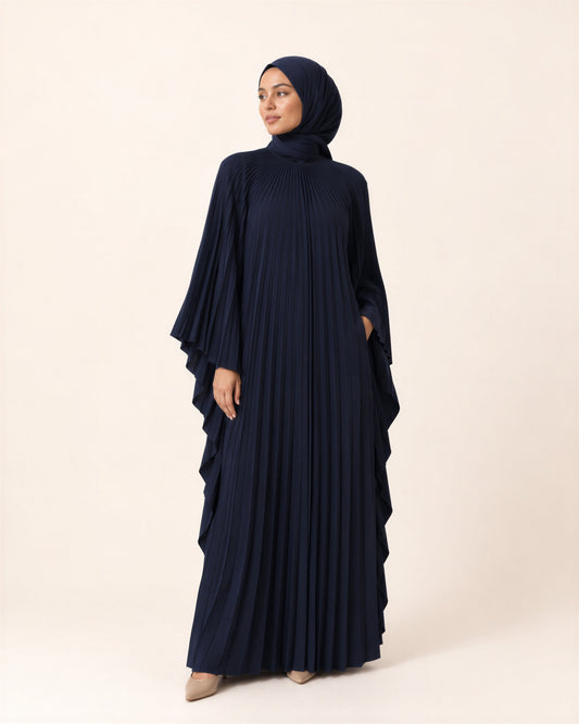 Pleated Blue Kaftan In Satin Silk